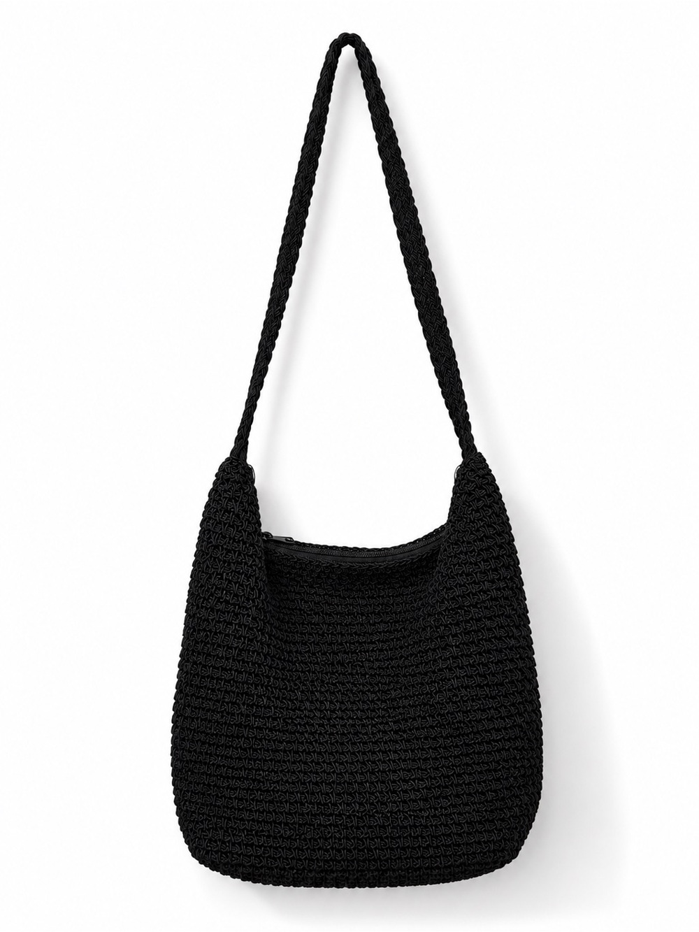 Black Crochet Knit Shoulder Bag Boho Beach Hobo Slouchy Tote Zip Closure 10x12x4